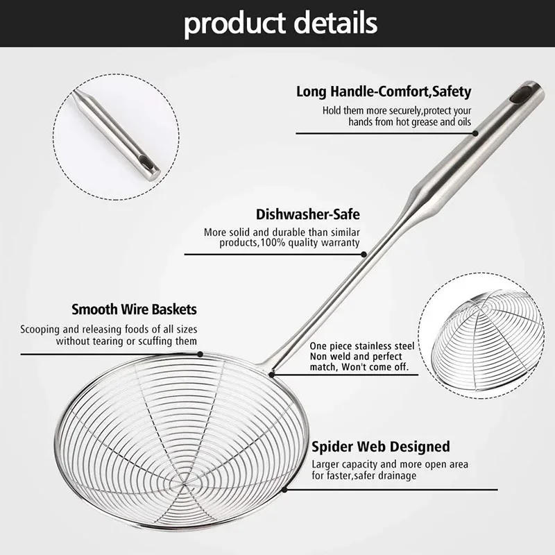 Description Picture 3 of item304 Stainless Steel Spider Strainer Skimmer Ladle for Cooking & Frying, Wire Mesh Spoons with Long Handle - Kitchen Gadgets