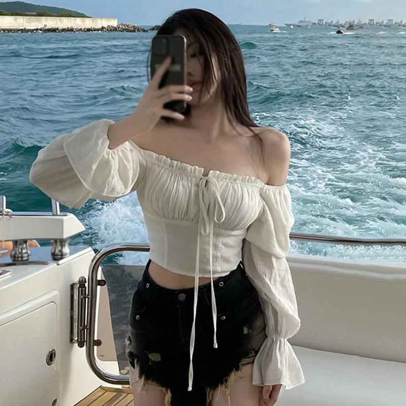 Description Picture 2 of itemWomen's Slim Sexy Solid Color Square Neck Blouse Lace Ups Spring Autumn