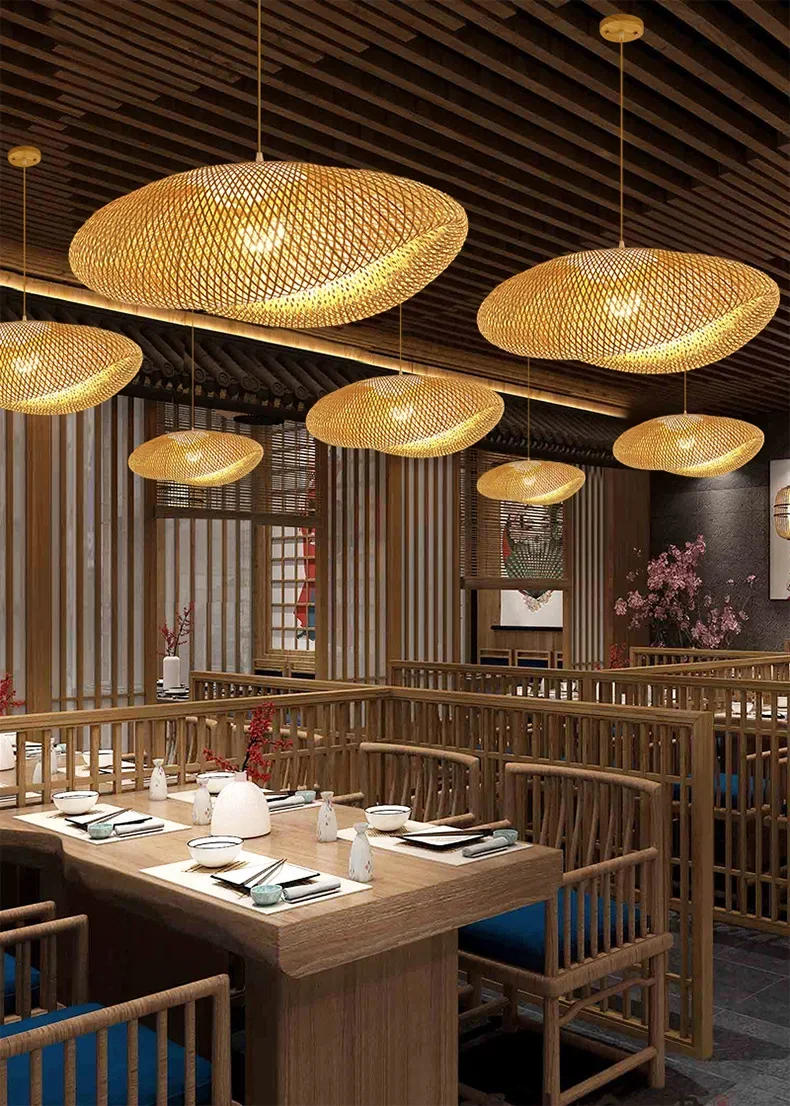 Description Picture 3 of itemBamboo Pendant Lights Hand Woven Ceiling Weaving Chandelier Lamp Rattan Wicker Hanging LED Fixtures Home Bedroom Bamboo Art Lamp