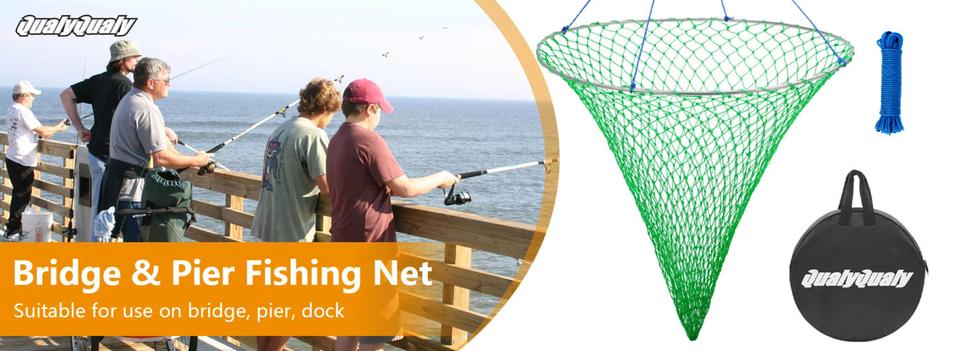Description Picture 2 of itemQualyQualy Fishing Net Foldable Drop Net for Pier Fishing with Rope Scoop Net Fish Trap with Durable Soft Steel Hoop Large Mesh