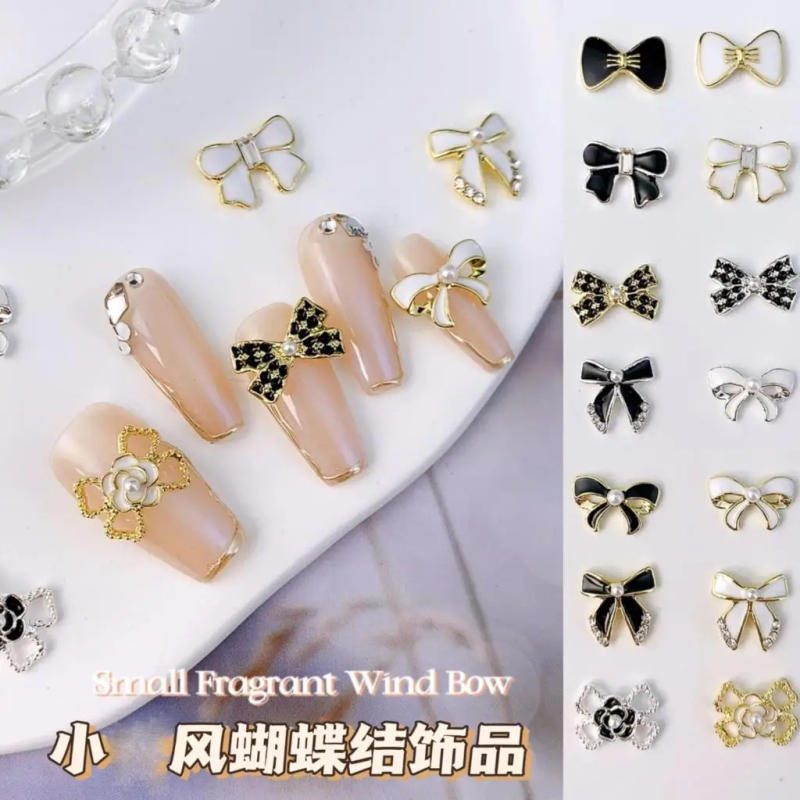 Description Picture 2 of item10PCS Luxury Japan Glossy Black White Pearl Floral Bow Tie Bowknot Alloy Nail Art Rhinestones Jewel Decorations Manicure Charms