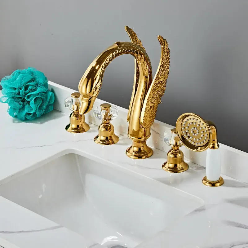 Description Picture 5 of itemBasin Faucet Gold Bathtub Shower Head Swan Widespread Basin Mixer With Hand Showe Head Hot And Cold Water Tap