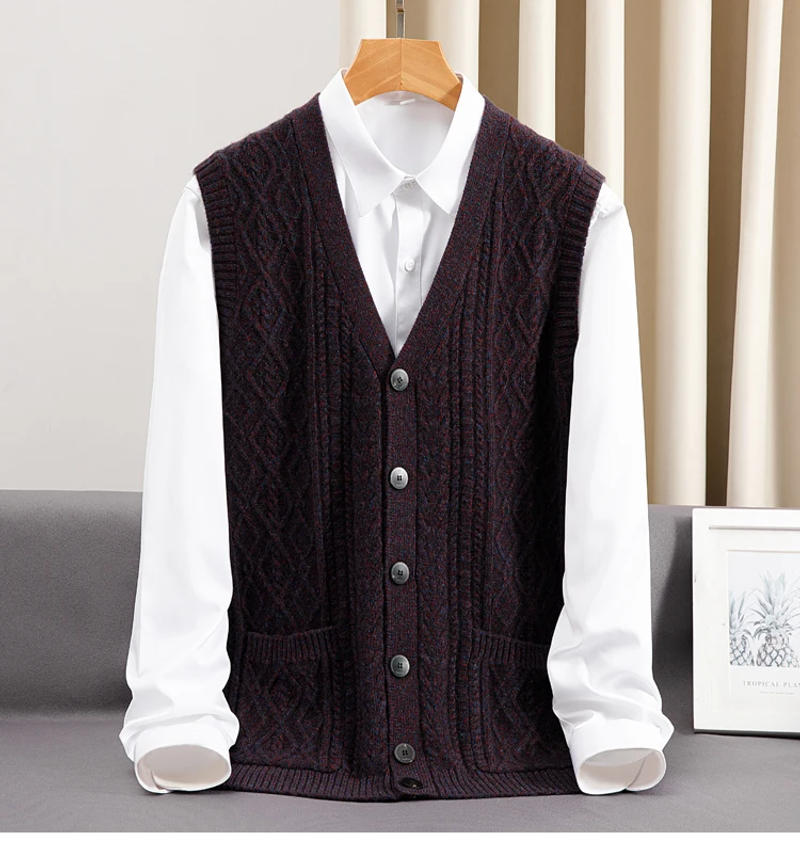 Description Picture 6 of itemNew Arrival Spring Autumn 100% Pure Cashmere Cardigan Tank Top Men's Sweater Casual Solid Knitted Vest Plus Size S-3XL4XL5XL6XL