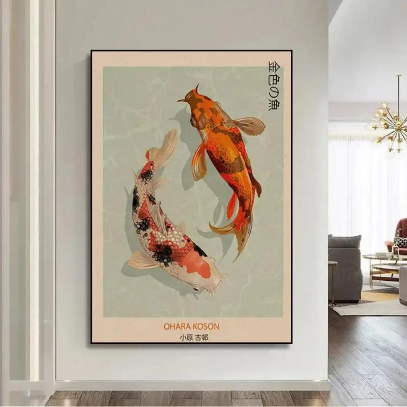 Description Picture 6 of itemGoldfish Lotus Japanese Art Poster Hokusai Ohara Koson Japanese Wall Art Retro Canvas Painting Living Room Decoration No Frame