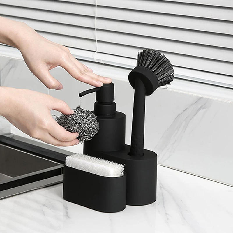 Description Picture 4 of itemModern Dish Soap Dispenser Container With Sponge Holder And Brush 3 In 1 Set For Kitchen Sink Bathroom Countertop