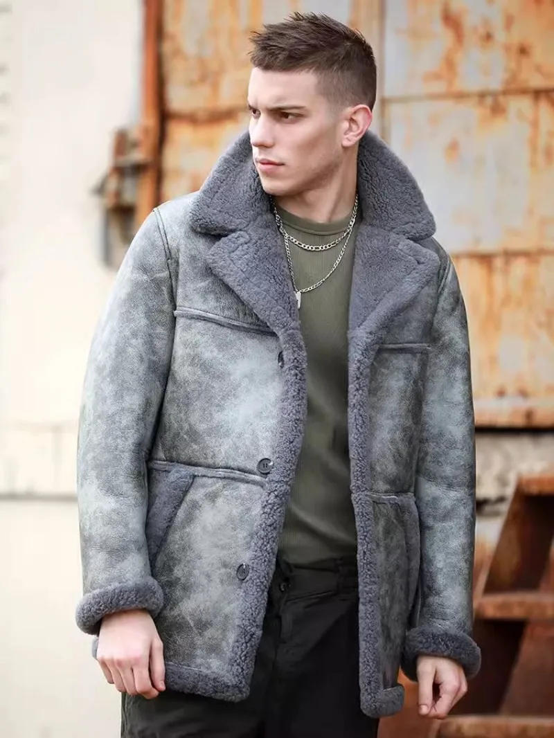 Description Picture 6 of itemWinter Thick Warm Mens Real Fur Pilot Jacket Original Eco Middle Long Street Motorcycle Overcoat Genuine Leather Shearling Coat