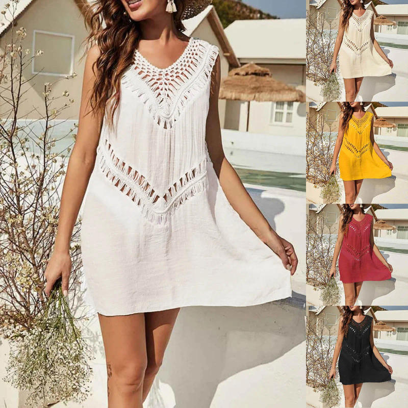 Description Picture 2 of itemWomen'S Hand Hook Stitching V Neck A Line Skirt Sexy Beach Bikini Swimsuit Cover Up Vacation Beach Knitted Long Dress 수영복