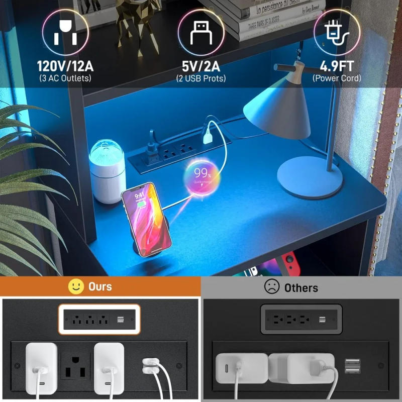 Description Picture 5 of itemNightstands Set of 2 with Charging Station & LED Lights - 47" Tall Bedside Table with Adjustable Shelf, Industrial End Table