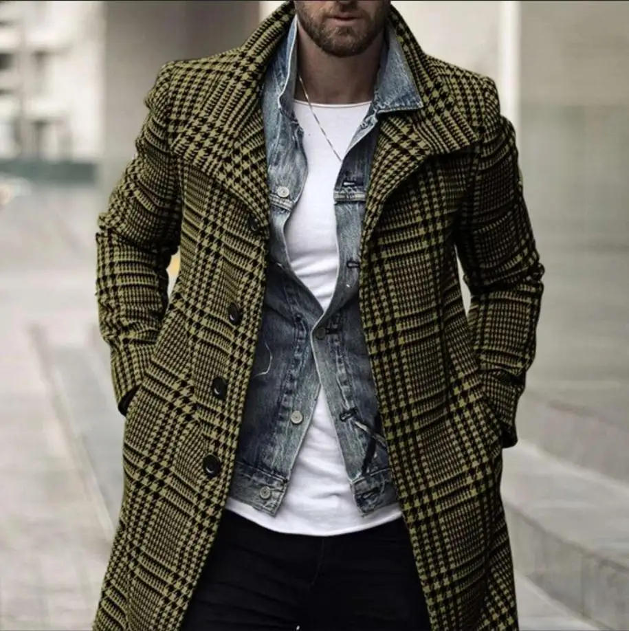 Description Picture 2 of item2023 Autumn/Winter New Fashion Trend Collar Single breasted Plaid Mid length Windbreaker Coat Men's Jacket