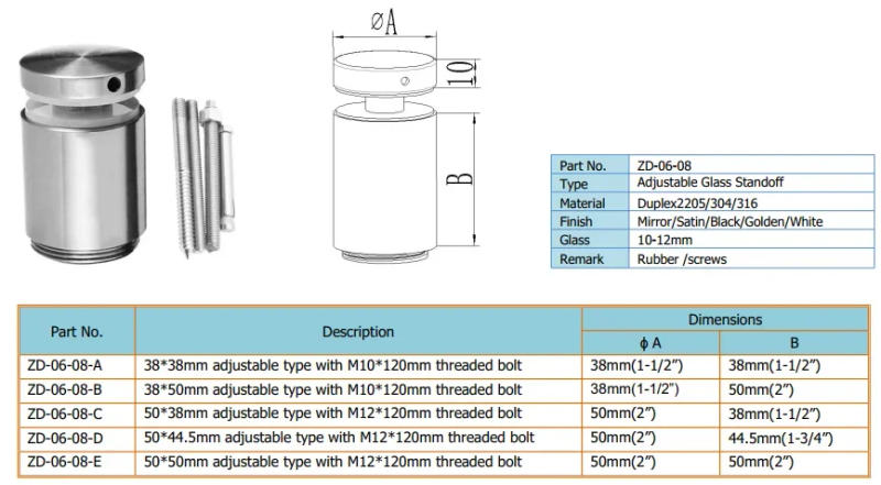 Description Picture 2 of itemZD Stainless Steel Fastening Adjustable Glass Balustrade Standoff Screw Glass Stair Connector Hardware Glass Standoff 50*50mm