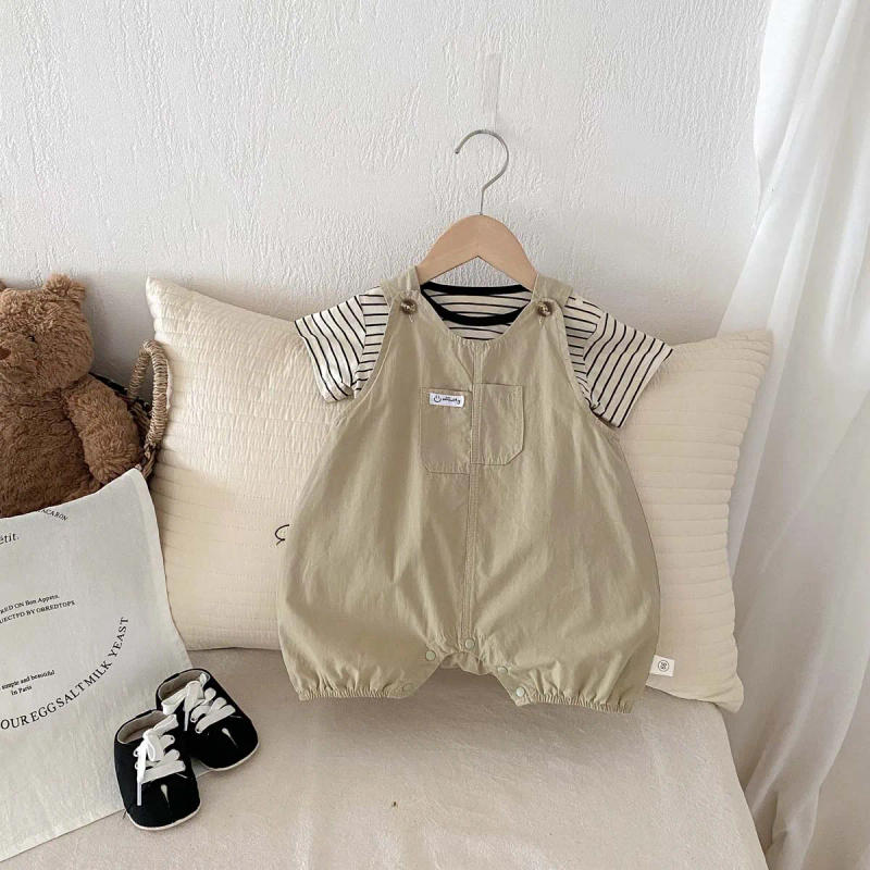 Description Picture 3 of item2pcs Baby Suits Newborn Boy Clothes Summer Short Sleeves Stripe Baby Tops with Jumpsuit Two Piece Sets 0-2yrs