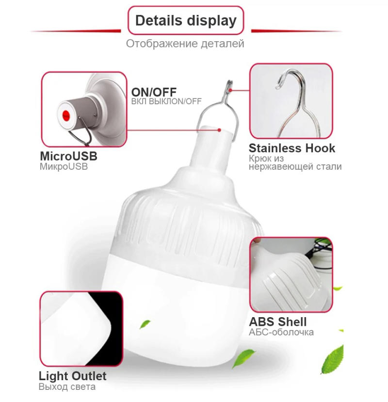 Description Picture 5 of item1-2pcs Outdoor Camping LED Lamp USB Rechargable Emergency Bulb Portable Hanging Hook Night Lights Energy-saving Camping Lamps