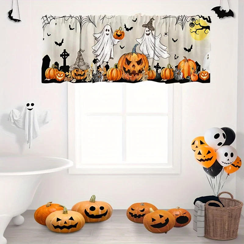 Description Picture 6 of item1Pcs Halloween & Harvest Festival Window Valance Autumn Thanksgiving Kitchen Curtain Ghosts Pumpkins & Witch Design Rod Pocket