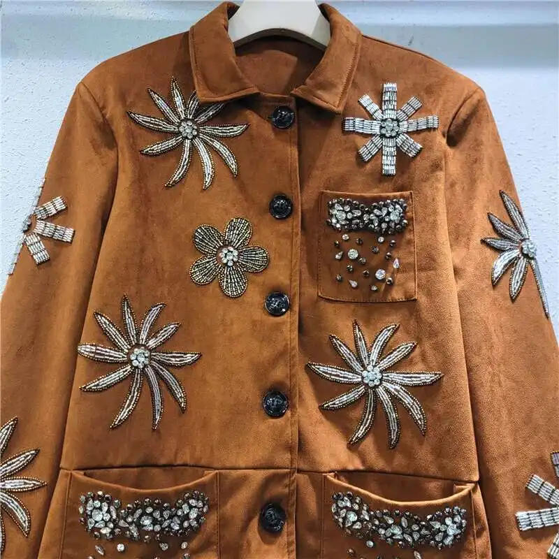 Description Picture 5 of itemDEAT Women's Coat Embroidered Flares Flowers Shape Shiny Diamonds Luxury Vintage Suede Jackets 2025 New Summer Fashion 29L9722