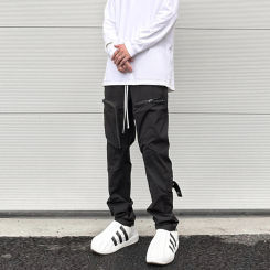 High Street Cargo Pants Men Tapered Drawstring Hip Hop Outdoor Functional Pocket Overalls Buttons Men's Casual Trousers Black