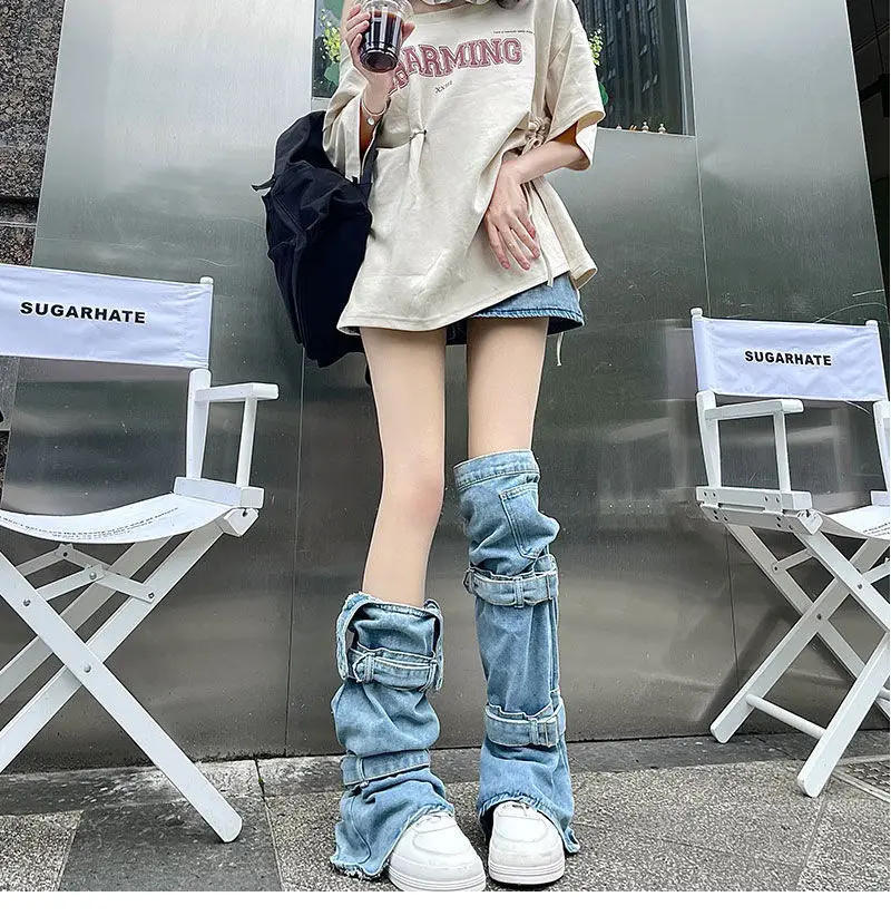 Description Picture 3 of itemHarajuku Women Leg Warmers Socks Punk Rock Denim Adjustable Knee High Socks Japanese Fashion Streetwear Leg Cover