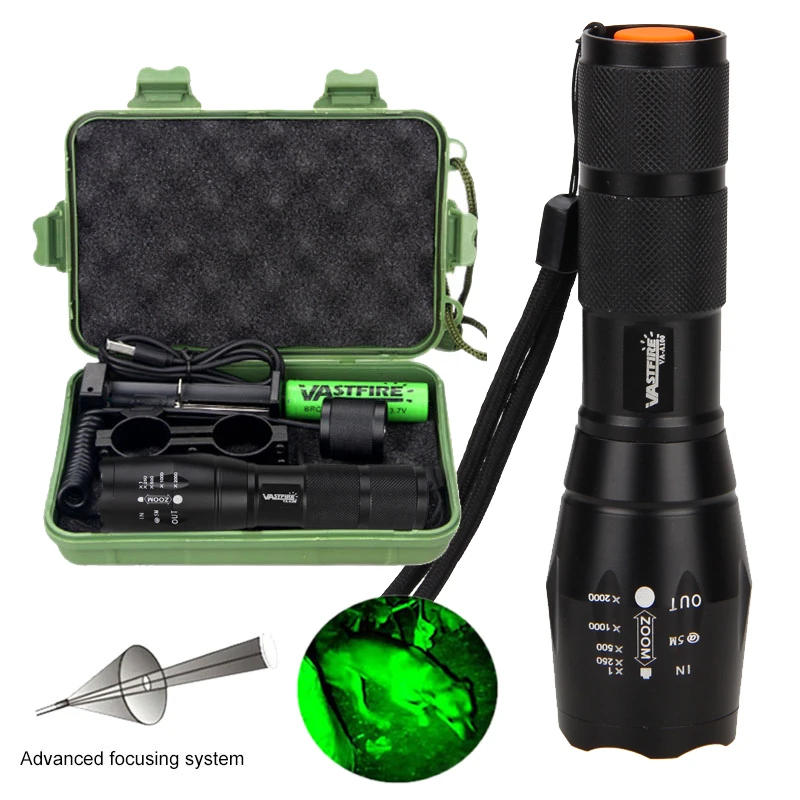 Description Picture 3 of item350yards LED Tactical Flashlight Hunting Light Zoomable Focus Adjustable Torch+Rifle Scope Mount+Switch+18650+Charger+Case