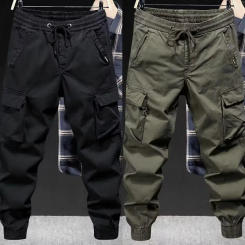 Multi-pocket Overalls Men's Cargo Pants with Drawstring Waist Multi Pockets Ankle-banded Design for Daily Sports Streetwear