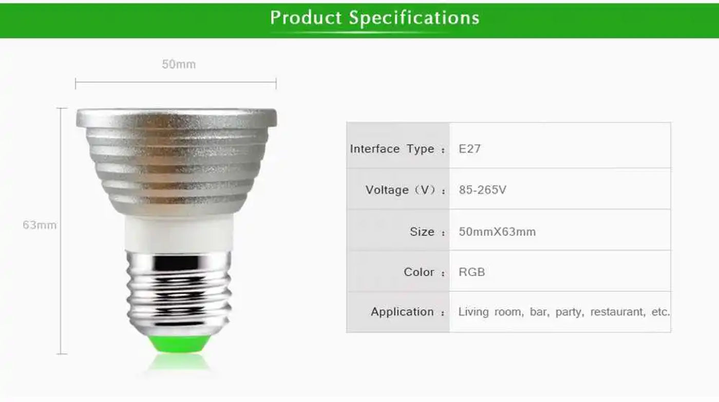 Description Picture 5 of itemE27 Remote Control LED RGB Spotlight Bulbs 5W Home Decoration Color Holiday Dimmable Magic Holiday RGB Lighting+Remote Control