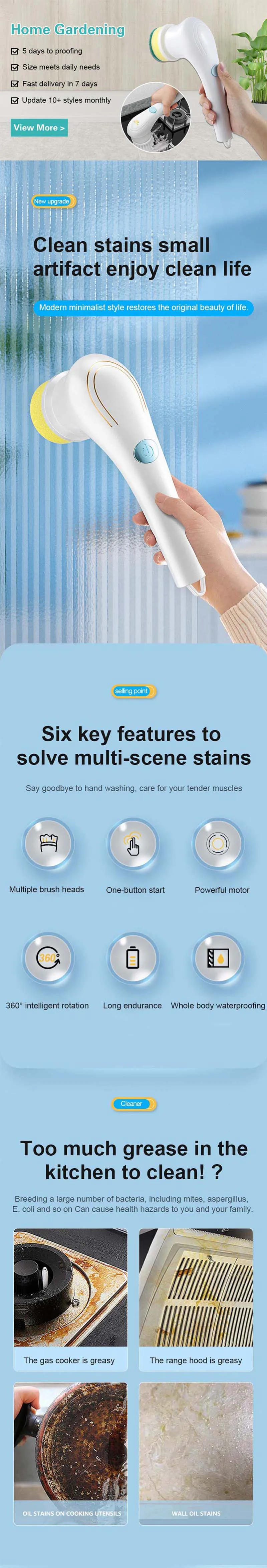 Description Picture 3 of itemUsb Rechargeable Kitchen Dish Washing Brush Sink Cleaner Bathroom Bathtub Clean Brush Spin Scrubber Electric Cleaning Brush