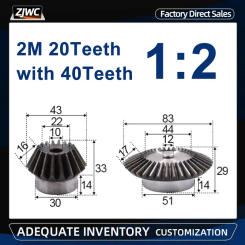1 Set 1:2 Bevel Gear 2 Modulus 20Teeth + 40Teeth 90 Degree Drive Commutation Steel Gears Steel Gears
