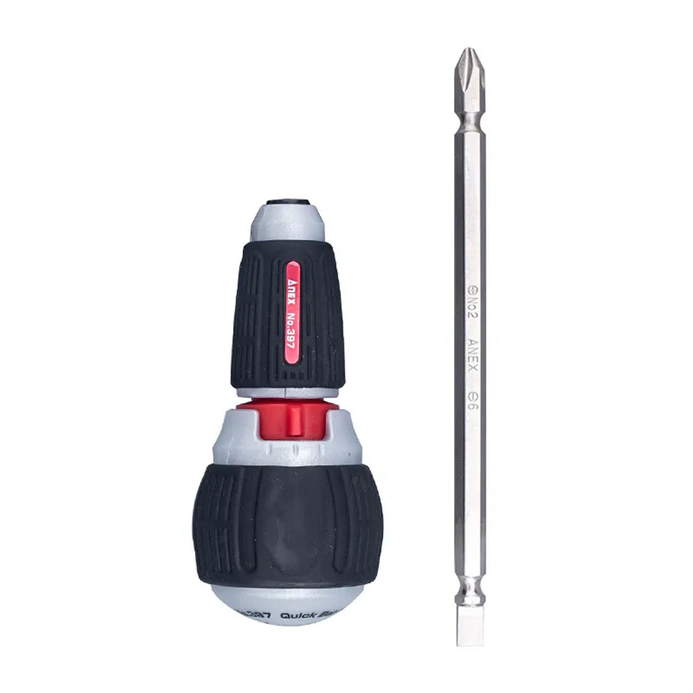 Description Picture 4 of itemANEX Ratchet Screwdriver 72 Gears, Ball Handle, Magnetic Driver Bit (Phillips Slot +2, Flat Head 6), Made in Japan