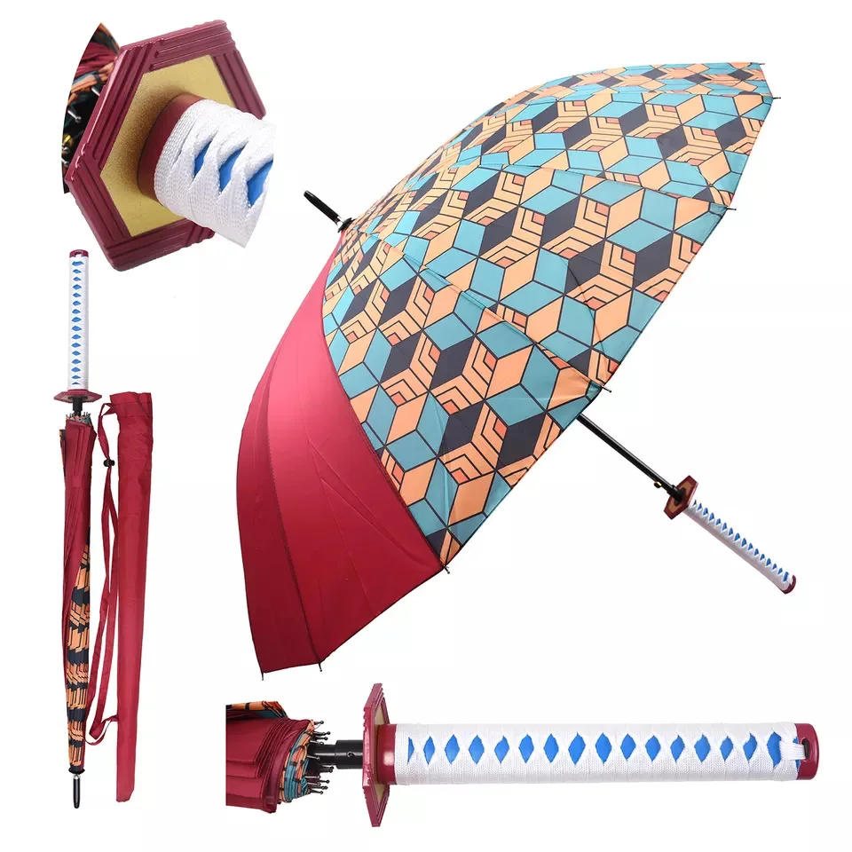 Description Picture 6 of itemAnime Demon Slayer Katana Umbrella Sunshade Long Handle Parasol Umbrellas Kimetsu No Yaiba Tanjirou Windproof Sword Rain Gear