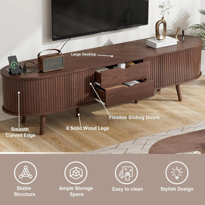 Description Picture 4 of itemUS 69" Mid Century Modern TV Stand with Charging Station, Farmhouse Curved Round Edge TV and Media Console Table with