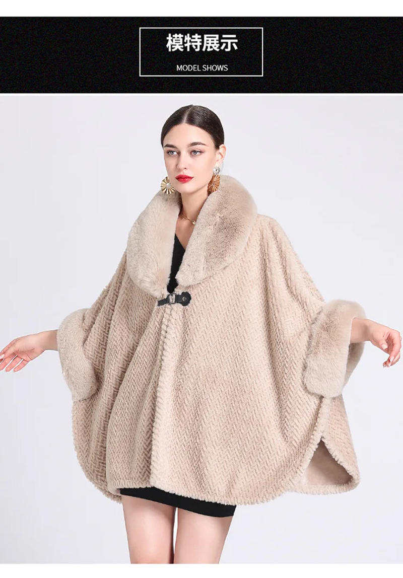 Description Picture 3 of itemWinter Women Loose Poncho Cape Thicken Velvet Warm Batwing Sleeves Long Cloak Semicircle Faux Fur Neck Outstreet Wear Overcoat