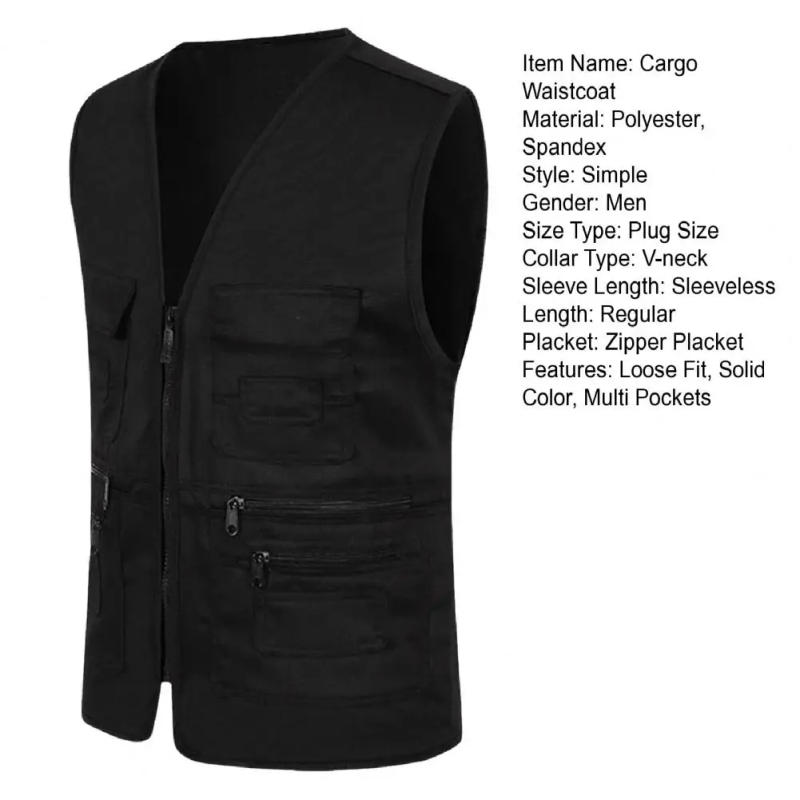 Description Picture 3 of itemZipper Placket Cargo Waistcoat Men's Summer Cargo Waistcoat with Multi Pockets V-neck Sleeveless Sports Vest Solid Color Zipper