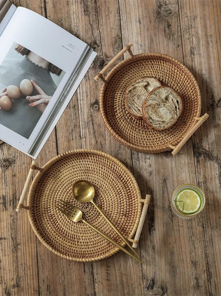 Description Picture 6 of itemRound Wicker Basket, Handwoven Rattan Storage Tray With Wooden Handle, Dinner Serving Tray, Bread Food Plate, Fruit Cake Platter