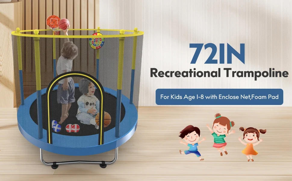 Description Picture 2 of item72" Trampoline for Kids with Net,6 FT Indoor & Outdoor Small Toddler Trampoline with Basketball Hoop & Dart Board for Ages 1-8,