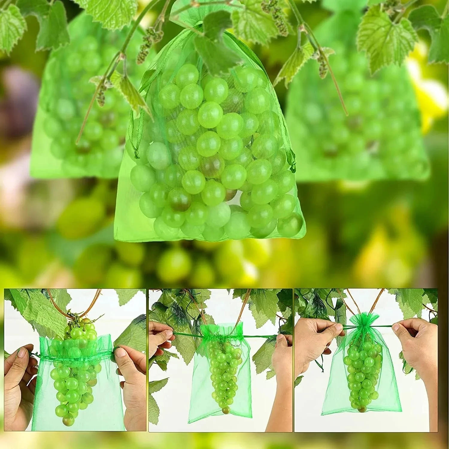 Description Picture 3 of item50/100Pcs Fruit Protection Netting Bags with Drawstring Reusable Grape Grow Bags Strawberry Cover Mesh Bags for Pest Control