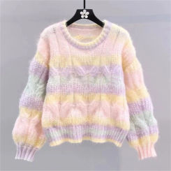 Womens Harajuku Pink Rainbow Striped Hollow Cable Knit Thick Sweater Long Sleeve Round Neck Knitwear Pullover Jumper Top