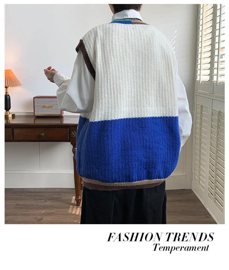 Description Picture 4 of itemJapanese Style Color-blocked V-neck Knitted Vests Men's Loose Casual High Street Personality Sleeveless Sweaters Male Clothes