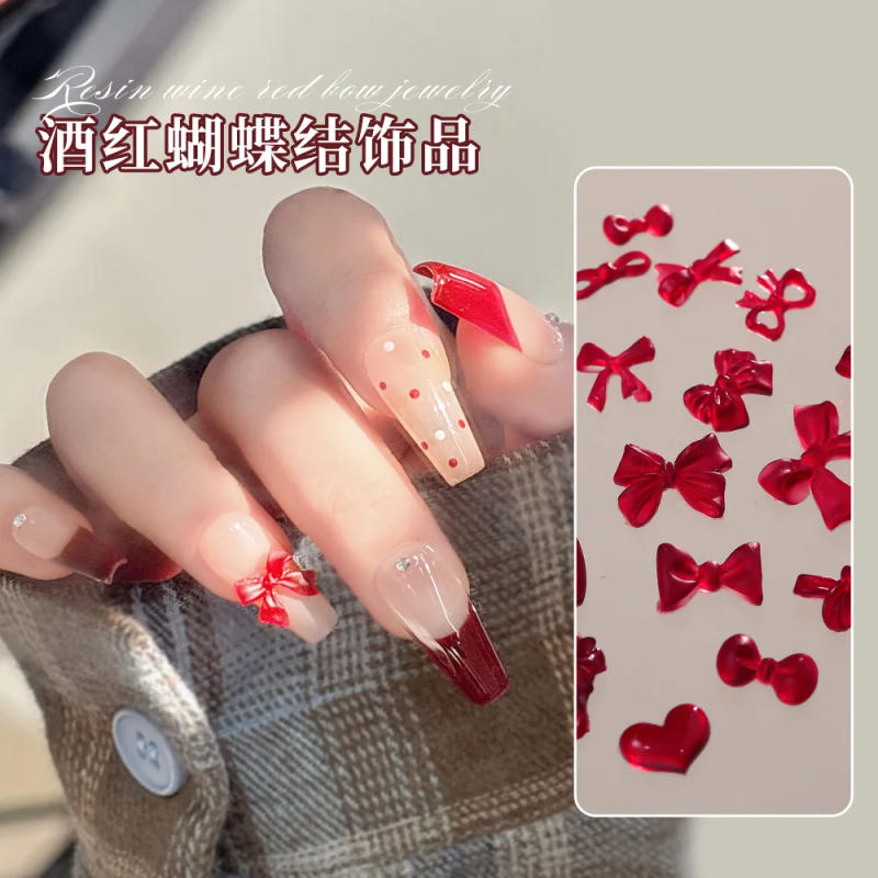 Description Picture 2 of item20PCS Mixed Size Bows Nail Charms Cute Parts French Wine Red Ribbon Mini Bow Resin Nail Art Rhinestones Decorations Accessories