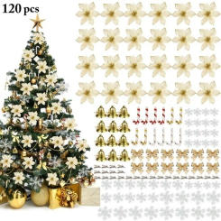 120PCS /1set Christmas Tree Ornaments Artificial Christmas Flowers Bows Bells Snowflakes Small Cane Clip for Wedding Party