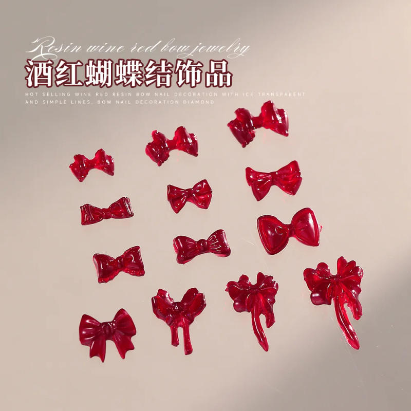 Description Picture 5 of item20PCS Mixed Size Bows Nail Charms Cute Parts French Wine Red Ribbon Mini Bow Resin Nail Art Rhinestones Decorations Accessories