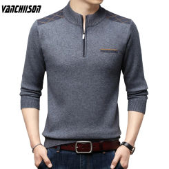 Men Vintage Sweater Pullover Knit Jumpers Tops Zipper Stand Collar Thick for Autumn Winter Solid Male Fashion Clothing 00387