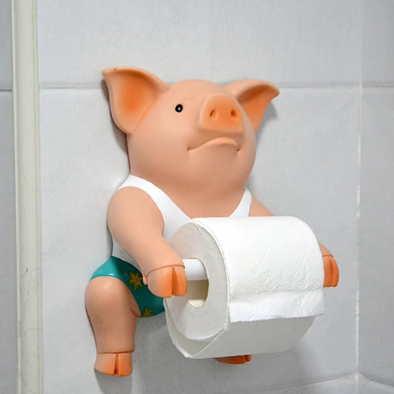 Description Picture 5 of item1pc Piggy Toilet Paper Holder, Cartoon Bathroom Tissue Roll Dispenser, Rustic Farmhouse Decor, Plastic Wall Mount/Free Standing