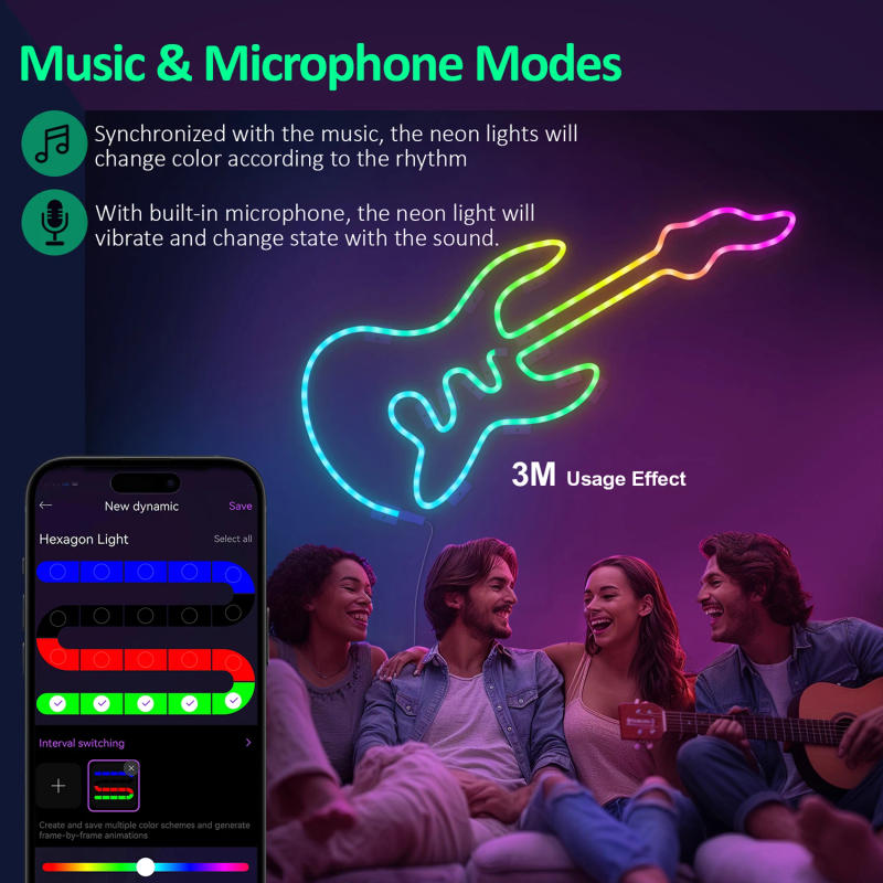 Description Picture 4 of itemNeon Rope Lights Music Sync DIY Control MeRGBW Multicolor Chasing Strip Tape Gaming Room Living Bedroom Wall Decor Night Light