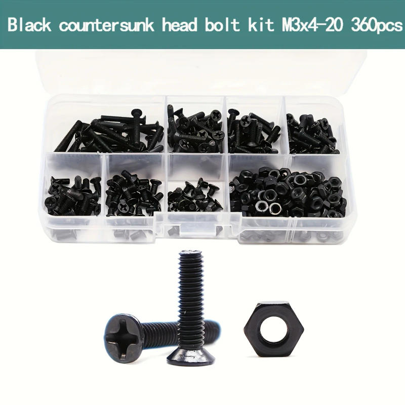 Description Picture 2 of item360pcs M3 x 4mm/ 6mm/ 8mm/ 10mm/ 12mm/ 16mm / 20mm Black Countersunk Flat Head Phillips Machine Screws and Hex Nuts Kit