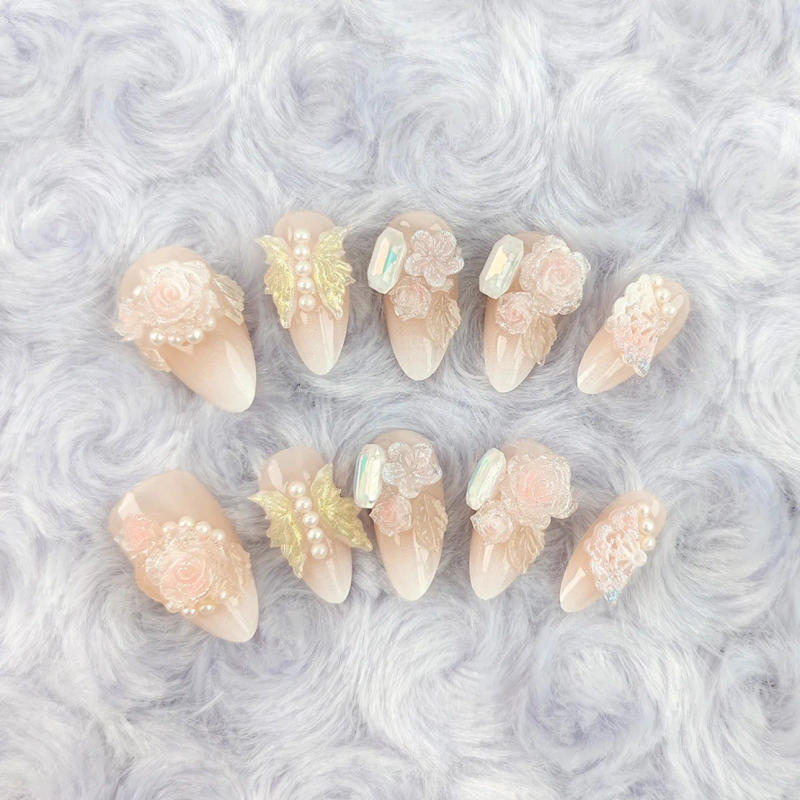Description Picture 5 of item10Pcs Short Almond Handmade Press on Nails Flower Fake Nails Wearable Stick-on Nails False Nail Uñas Postizas Накладные Ногти