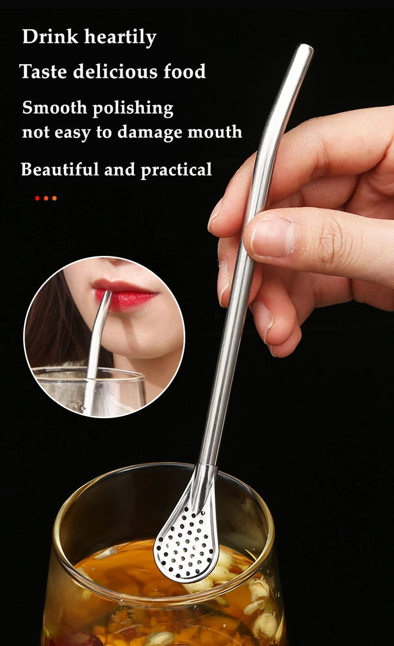 Description Picture 5 of itemStainless Steel Drinking Straw Spoon Tea Filter Detachable Reusable Metal Straws with Brush Drinkware Bar Party Tool Accessories
