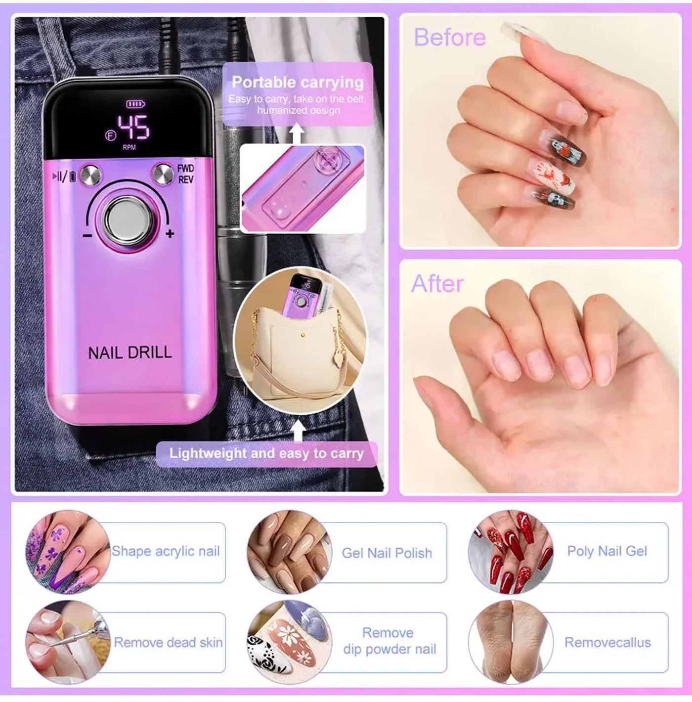 Description Picture 5 of item45000RPM Electric Nail Drill Machine Professional Nail Drills for Gel Nails Polish Rechargeable Portable Nail File Manicure Tool