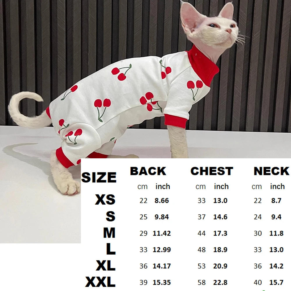 Description Picture 2 of itemSpring Autumn Cat Clothes for Cats Cherry Print Sphynx Hairless Cat Jumpsuit Turtleneck Full Coverage Kitten Cat Pajamas Onesies