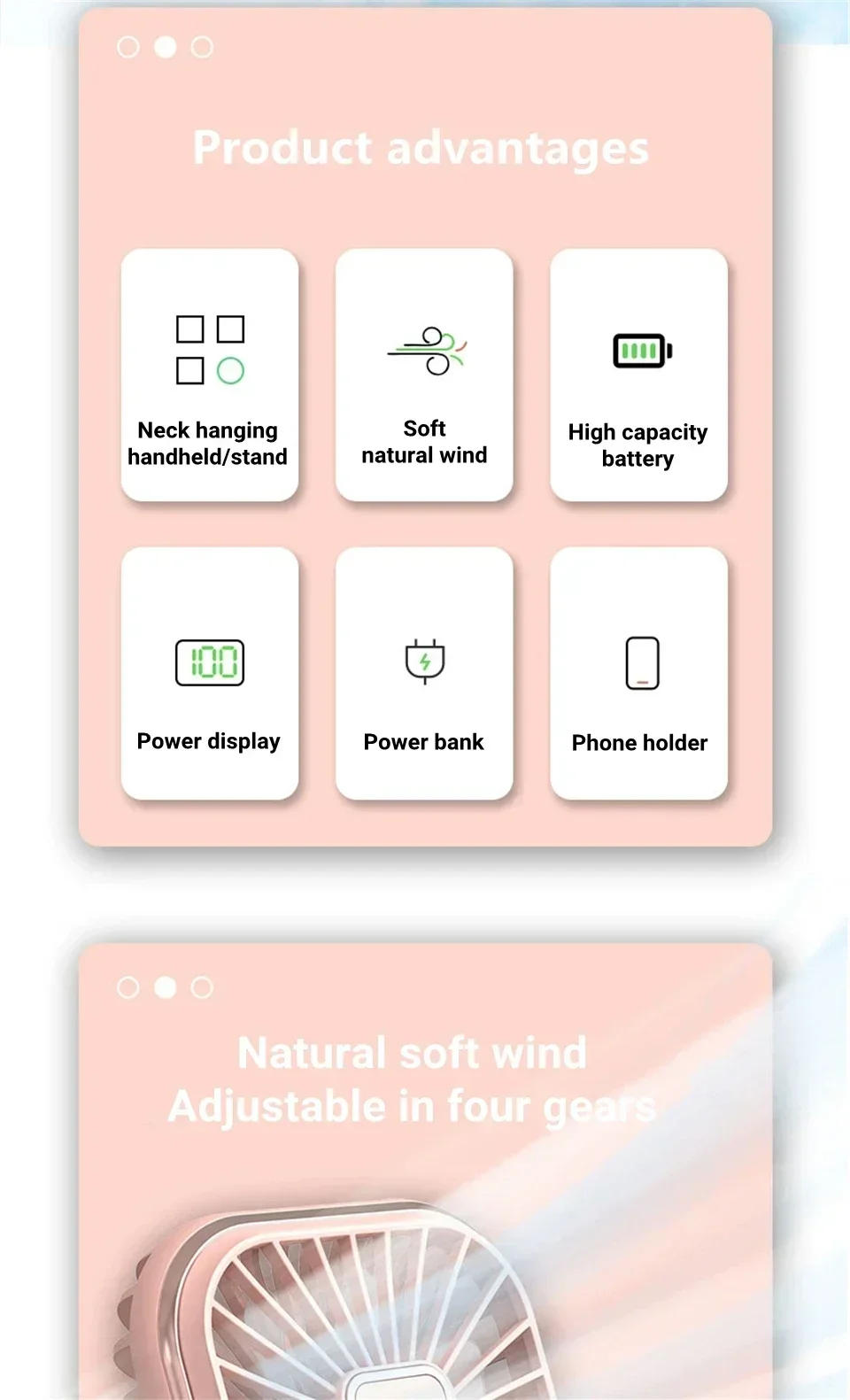 Description Picture 3 of item3000mAh Battery Powered Mini Portable Outdoor Handheld Fan Neck Fan USB Rechargeable 180° Folding Wireless Desktop Air Cooling