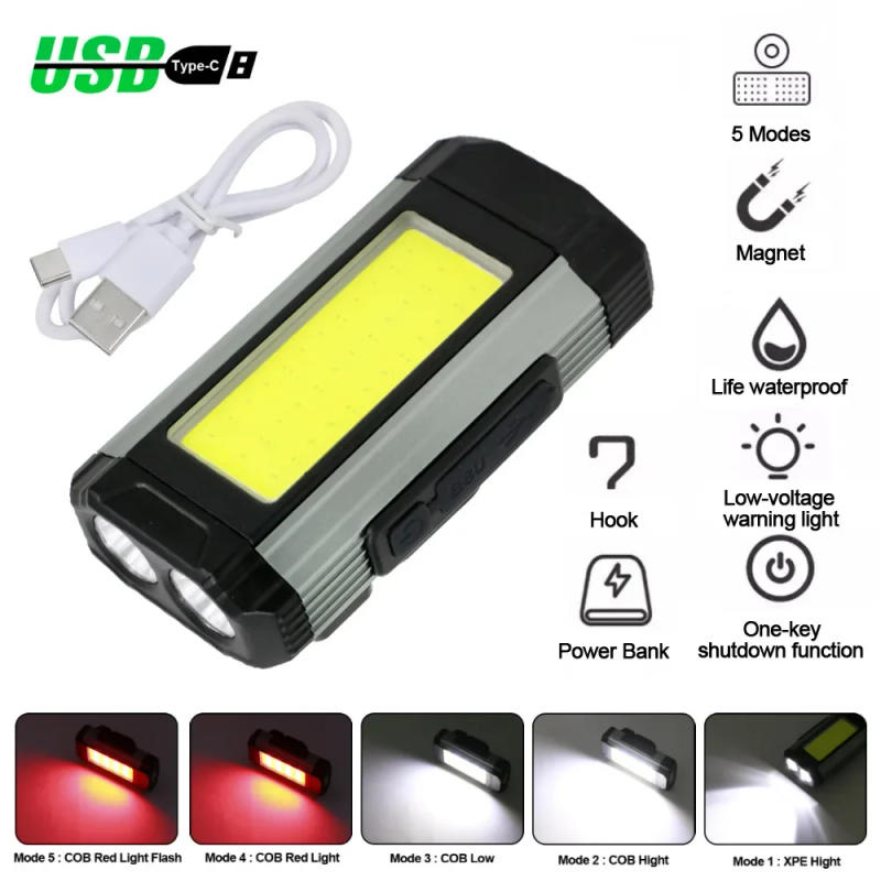 Description Picture 5 of item1/2/4PCS Magnetic COB Work Light USB Rechargeable LED Flashlight Portable Lantern Camping Light Type-C Power Bank Function Lamp