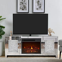 47.2 Inches Silver TV Stand, Mirrored Fireplace TV Stand LED Light,Entertainment Center StorageTVs Up to 55 Inch, Console Table