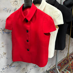 Celebrity Solid Color Single-Breasted Slim Waist Short-Sleeved Shirt French Retro Puff Sleeve Lapel Pleated Short Work Jacket